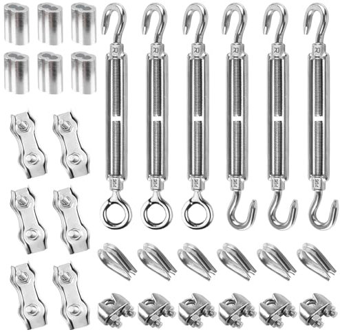 30 Stk M4 Spannschloss Drahtspanner Set, 3mm Drahtseil Spanner Seilspanner Edelstahl, U-förmige&Duplex Drahtseilklemme, Drahtseil Kauschen und Pressklemme Aluminium für Gespannte Seil zu Verschärfen