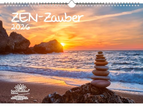 ZEN - Zauber DIN A3 Kalender für 2026 Feng Shui Meditation Yoga - Set-Inhalt: 1x Kalender 1x Weihnachtsanhänger 1x Grußanhänger (gesamt 3 Teile)