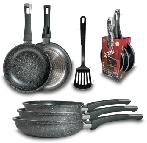 ARCA, Set 3 Padelle Antiaderenti in Alluminio con Spatola in Nylon, Adatte a Piani Cottura a Gas o Induzione, Lavabili in Lavastoviglie, Diametri 20/24/28 cm, Collezione Rockchef