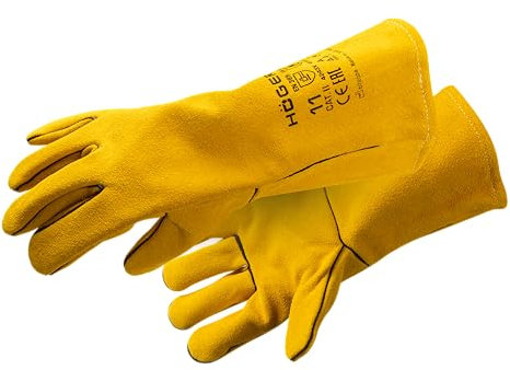 Högert Technik Guantes de soldadura Kandel, guantes de trabajo de piel, resistentes al calor, reforzados, costuras Kevlar, protección para soldador, color amarillo, talla 9