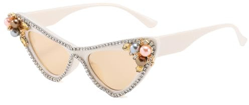 Long Keeper Sonnenbrille Strass - Retro Sonnenbrille Katzenaugen mit Glitzer Kristall Luxus Perlen Bling Festival Party Aesthetic Brille für Damen UV400 (Beige Champagner)