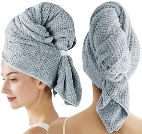 2 Stück Mikrofaser Handtuch Haare Lang für Lange Haare, Lockiges Haar | 100 x 60 cm Haarturban mit Elastischem Band, Microfiber Towel Hair, Schnell Trocknend, Haarturban Mikrofaser (Grau)