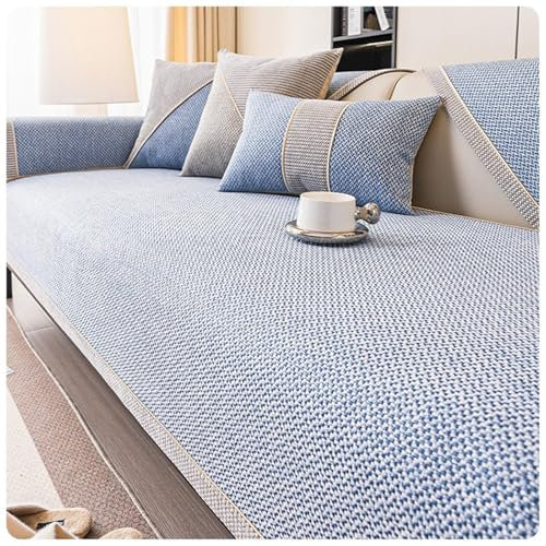 FYFWPA Sofa Überzug Vintage Sofabezug Weiche: rutschfest Sofaschoner Gewebte Baumwolle und Leinen 1/2/3/4 Sitzer Couch Überzug Sofaüberwürfe für U Form L Form Sektionssofa(Blue,90 * 160cm)