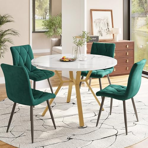 LANTRO JS Esszimmertisch mit 4 Stühlen Set aus Marmor und Stahl, Esszimmermöbel Goldfarbene Metalltischbeine und 4 Ergonomische Samtstühle, Essgruppen für Küche, Grün