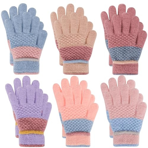 QKURT 6 Paar warme Kinderhandschuhe, weiche Thermo-Magic-Handschuhe, Winter-Fleece-Fäustlinge für Jungen und Mädchen, farbenfrohe, kuschelige Strickhandschuhe für tägliche Wärme, Alter 4–12 Jahre