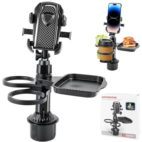 Posavasos Coche Bandeja, 4 en 1 Ajustable 2 Portavasos con Soporte Movil Carro y Mesa, Rotación de 360° Soporte Cenicero Coche Interior, Accesorios para SUV Autocaravanas Camion Barco