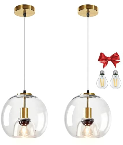 Bravsekai Glass Pendant Kitchen Island Light, Clear Glass Pendant Lighting fixtures with Extra 2 Bulbs,Adjustable 150cm Cord, Modern Light for Kitchen Island,Dining Room(23cm, 2-Pack)