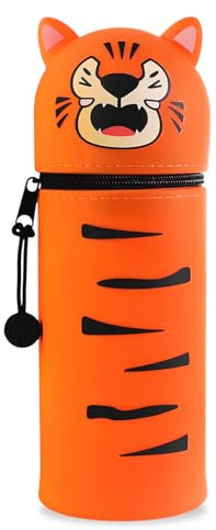 Lvjkes Silikon Federmäppchen, 2 in 1 Kawaii Federmäppchen, Cartoon Stand Up Einstellbar, Federmappe Langlebig und leicht zu reinigen, Für Kinder, Mädchen, Junge, Teenager (Tiger-Streifen)