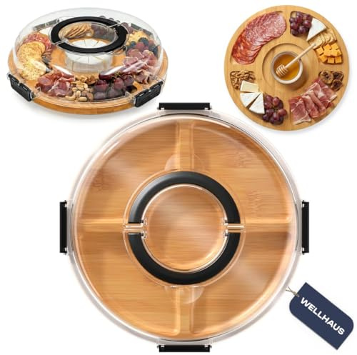 Wellhaus Käsebrett mit Deckel - Bambus Charcuterie Board für Snack & Antipasti, Rund Käseplatte Servierbrett Küchenbrett, Tragbares Servierplatte für Picknick, 30 x 30 x 6,5 cm