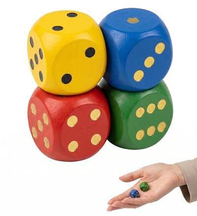 JIRVEX 4 Pezzi Grandi Dadi da Gioco 30mm Colorati Naturali per Bambini, Anziani, Giochi da Tavolo, Casa, Feste, Giochi di Dadi, Matematica