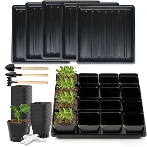 IGKYIVO 80Pcs Anzuchttöpfe mit Untersetzer, Blumentopf mit Pflanzschalen, mit Tablett, Shuttle-Trageschalen mit Kunststoffetiketten und Umpflanzen Digging Tools