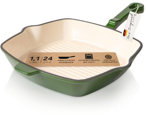 Römertopf Gusseisen Grillpfanne eckig 24 cm für Induktion, Tiefgrün | Grillstege für Streifen und fettarmes Braten, alle Herdarten inklusive Induktion, ofenfest 250 °C, PFAS-frei