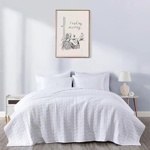 Chezmoi Collection 3-teilig Vintage Washed Solid Baumwolle Steppdecke und kissenrollen Set, Baumwolle, weiß, Queen