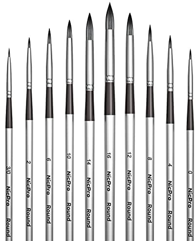 Nicpro 10 PCS Watercolour Paint Brushes, Round Tip Artist Painting Brush Set for Water Color, Acrylic Oil, Gouache, Ink, Detail, Rock, by Number Model Art Paintbrush