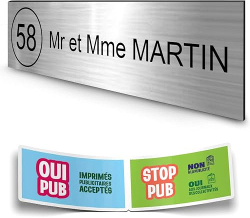DECOHO - Plaque Boite aux Lettres personnalisée adhésive - Plastique Durable Argent Lettres Noires - 100x25 mm + Stickers Stop PUB Offert - Argent