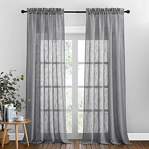 PONY DANCE Halbtransparenter Vorhang Dunkelgrau - Leinenoptik Vorhänge mit Stangedurchzug Raue Oberfläche Gardinen Wohnzimmer Dekoschal, 2er Set H 240 x B 132 cm