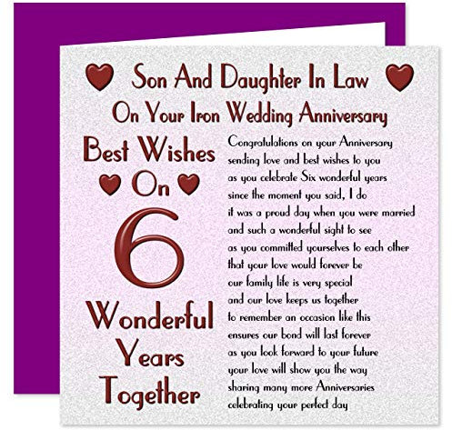 Son & Daughter In Law 6th Wedding Anniversary Card - On Your Iron Anniversary - 6 Years - Sentimental Verse
