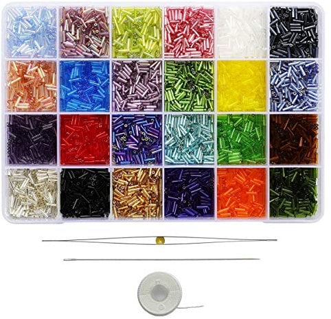 BALABEAD Size 6mm Glass Bugle Beads with Beading Needles About 7200pcs in Box ,24 Multicolor Assortment Length 6mm Tube Beads for Jewelry Making (300pcs/Color, 24 Colors)