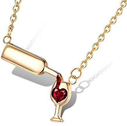 QIAN0813 Love Red Wine Winebottle Pendant Necklace for Woman Cubic Zirconia Heart Unique Design Jewelry, Unisex, Copper Cubic Zirconia