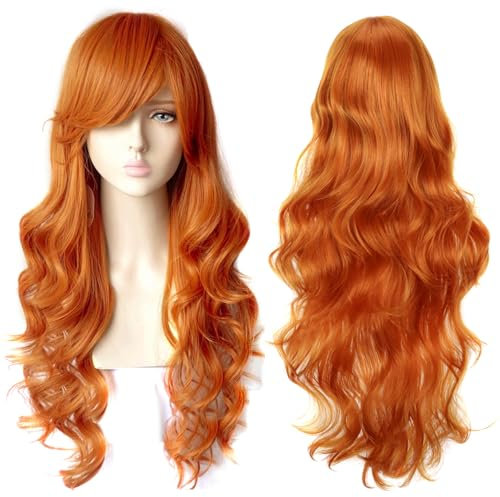 Colorfulpanda Perücke Orange Lange Natürliche Gewellte Mode Locken Perücke mit Pony Synthetische Wig für frauen mädchen Cosplay Halloween kostüm party,perücke Rot Braun 80 cm