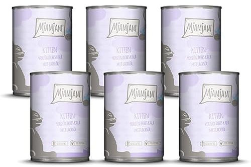 MjAMjAM - Premium Nassfutter für Katzen - Kitten vorzügliches Kalb mit Lachsöl, 6er Pack (6 x 400 g), getreidefrei mit extra viel Fleisch