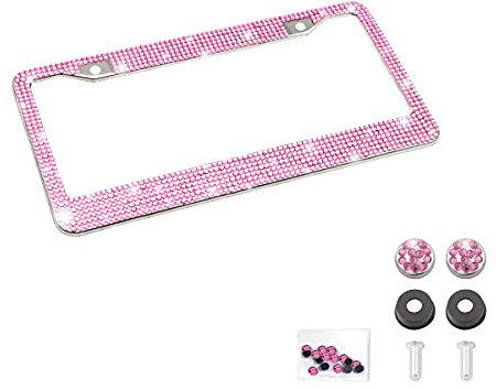 Bling Car License Plate Frame Handmade Crystal Stainless Steel Shiny Durable Universal Fit Car Accessories for Girls Women (Pink)