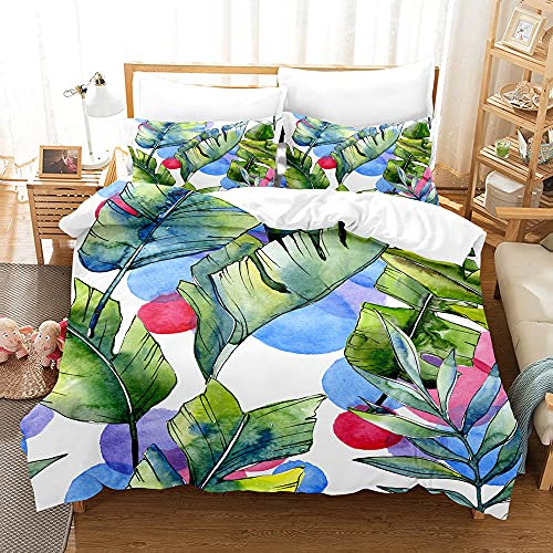PTNQAZ Tropische Blätter-Bettwäsche-Set mit Kissenbezug, 3D-Druck, buntes Blättermotiv, Sommer-Bettdecke, Queen-Size-Bett (King Size)