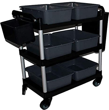 YGCBL Multifunctional Storage Trolley,Carts,Serving Cart Trolley Commercial Utility Bus Cart for Restaurant - Plastic Service Trolley with Rubbish Bin Attachment 6 Storage Drawer Wheels,Gray,Black