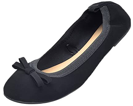 ERLINGO Ladies Roll up Shoes Foldable Ballet Flats with Bowknot Soft Sole Roll Up Ballet Pumps for Women Non Slip Fold Up Ballerina Dolly Shoes for Weddings and Parties Black