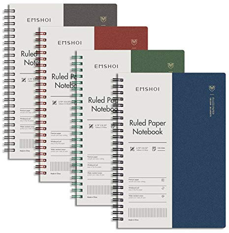 Emshoi A5 Notizbuch Hardcover, Spiralbindung, liniert, Spiralbindung, Notizblock, Tagebuch, College-Leder, liniert, Übungsblock, 100 g/m², Papierbucheinband, 640 Seiten, 4 Stück, 21 cm × 14,5 cm