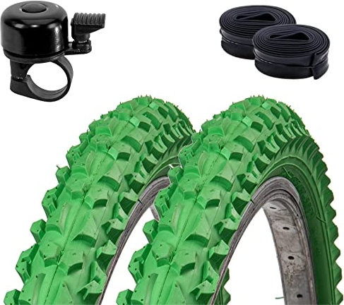 2 x Roverstone 24 Fahrradreifen Fahrradmantel grün 57-507 (24x2,125) + 2 Schläuche DV inkl. Fahrradklingel