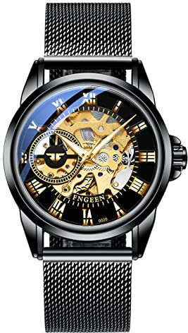 FORSINING Herren-Automatikuhr, mechanisch, Skelett, wasserdicht, römische Ziffern, Luxus-Zifferblatt, Armbanduhr für Herren, wasserdicht, leuchtend, Schwarz , Armband
