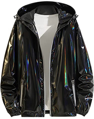 Lars Amadeus Metallic-Jacke für Herren, solider Reißverschluss, funkelnd, glänzend, holografischer Windbreaker mit Kapuze