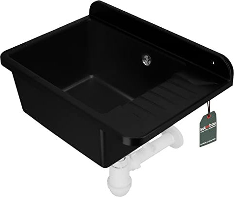 KOTARBAU® Ausgussbecken aus Polystyrol 50,5 x 34,5 x 18,5 cm Spüle Schwarz Siphon Waschbecken Spülbecken Klein mit Stöpsel Montageset Ablaufgarnitur und Schrauben Waschküche Möbel