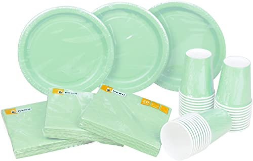 HEKU Set usa e getta, 120 pezzi, in menta, adatto per 30 ospiti, con piatto di carta, bicchieri da festa (0,25 l) e tovaglioli (33 x 33 cm), ideale per feste, barbecue, compleanni e matrimoni