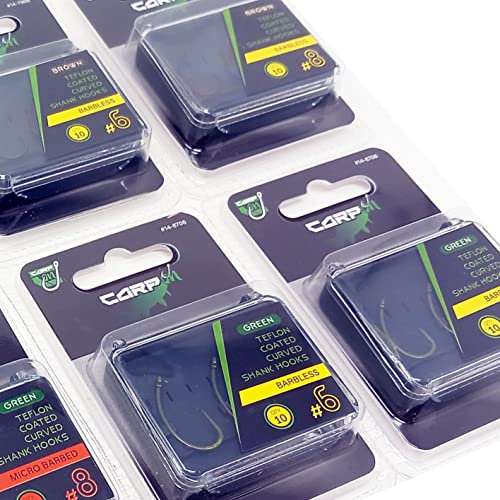 Carp On - Packs of 10 CURVED SHANK Fishing Hooks Eyed - Barbless or Micro Barbed Size 6 or 8 Camo Green Or Brown - Made From Teflon Coated Carbon Steel (Barbless - Camo Green, Pack of 10 - Size 8)