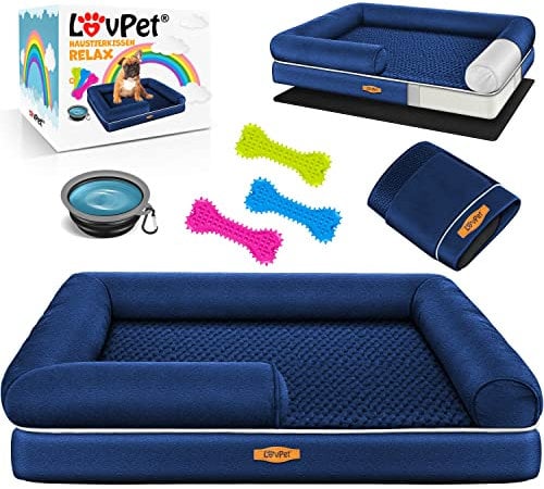 Lovpet® Orthopädisches Hundebett Hundekissen Hundekorb Relax, Inkl. Napf + 3X Kauknochen, Hundesofa für Kleine, Mittelgroße & Große Hunde, Bezug abnehmbar und waschbar, 120x85x22cm Navyblau