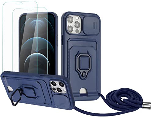 Zallagre Handykette Hülle kompatibel mit iPhone 12/iPhone 12 Pro.[2 Stück] Schutzfolie Glas,Kameraschutz,360 Grad Ringhalter Stand,Kartenfach,Silikon hülle-Marineblau