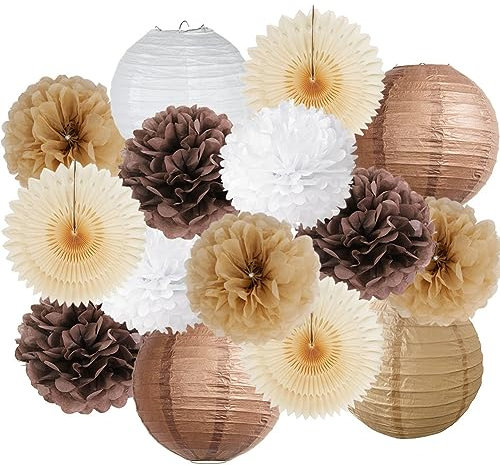 Party Deko Braun Beige Babyparty Neutral Geburtstag Vintage Pompons Deko Braun Beige Papierfächer Papierlaterne Natur Set Boho Party Deko für Geburtstagsdeko Hochzeitsdeko Braune Party Deko
