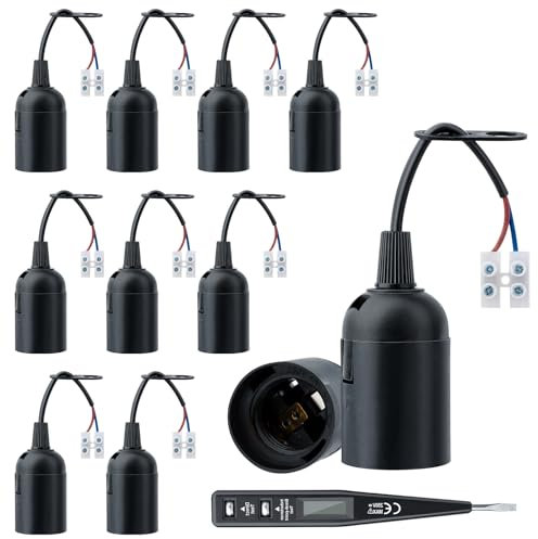 10 Pezzi Portalampada E27,Plastica E27 Lampade Basi con Filo e Terminale,Porta Lampadina E27 con Morsettiera Nera Porta Lampadina, Portalampada Base della Lampadina E27 per Cantiere,Ristrutturazione