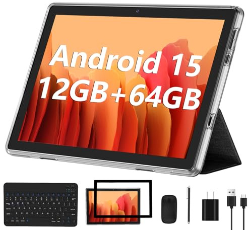 Android 14 Tablet 2025 New 10 Inch Tablets with 6GB RAM + 64GB ROM + 1TB Expanded Ouad-Core, 2 in 1 Tableta with Keyboard Mouse WiFi 6 Bluetooth, GMS Certified IPS Touch Screen Tablet - Black Set