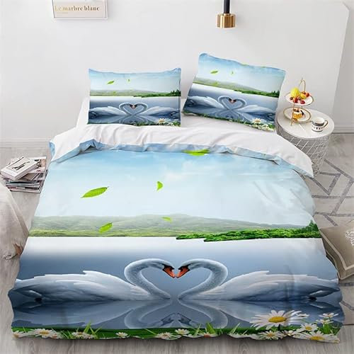 ZZXHG Bettwäsche 220x240 Blau WeißEr Schwan, Weiche Mikrofaser Bettbezug 220x240 Set mit Reißverschluss Schließung, Atmungsaktive Wendemotiv Bettbezüge + 2 Kissenbezug 80x80 cm