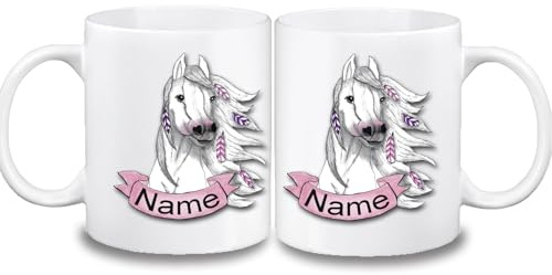 Kinder Tasse personalisert mit Name, Pferd | Farbwahl Tasse, Schriftwahl für Name, Keramik oder Kunststoff