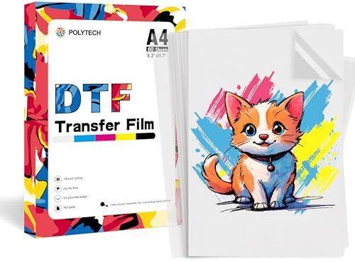 POLYTECH DTF Transferfolie, A4, 60 Blatt, 21,6 x 27,9 cm, PET-Folie, Wärmetransferpapier, doppelmatt, direkt auf Folie, Epson Drucker ET-8550, ET8500, XP15000, L1800, für DIY-T-Shirt-Transfers