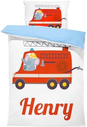 Pictogogo Personalisierte Baby Bettwäsche mit Feuerwehr-Motiv, Wählbare Unterfarbe aus Baumwolle, Bettwäsche Mit Namen, Babybett Komplett Set Mit Reißverschluss (Feuerwehr, 100 x 135 cm)