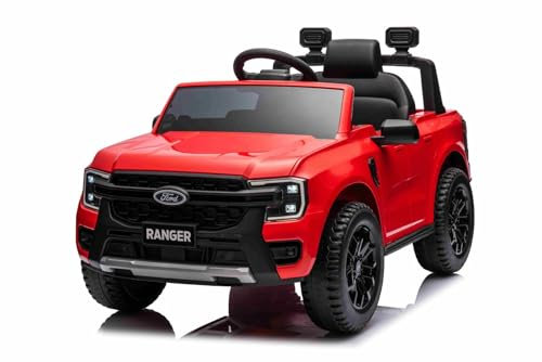 Elektro Kinderauto F.O.R.D. Ranger 12V, rot, Ledersitz, 2,4-GHz-Fernbedienung, Bluetooth-/USB-Eingang, Federung, 12-V-Batterie, 2 x 30-W-Motoren, ORIGINAL-Lizenz