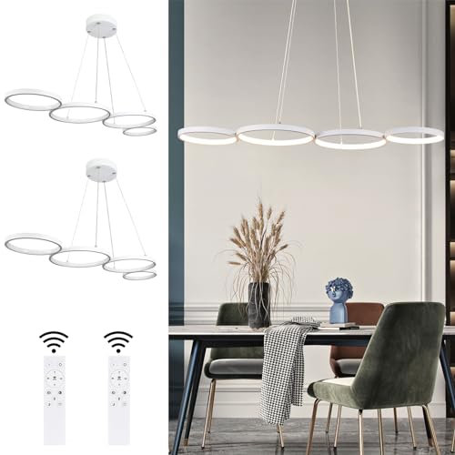 GBLY 2× LED Pendelleuchte Esstisch Hängelampe: 88CM Weiß Hängend Lampe Modern 4 Ring Hängeleuchte Design Esszimmerlampe Dimmbar Esstischlampe mit Fernbedienung Pendellampe für Wohnzimmer Schlafzimmer