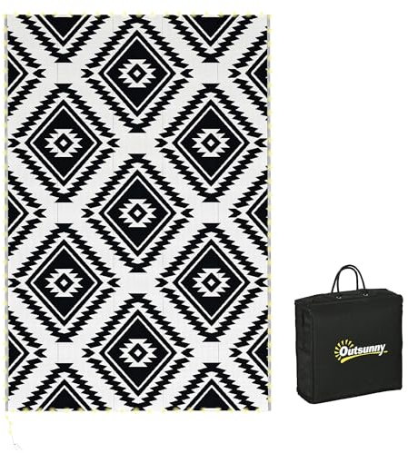 Outsunny Reversible Outdoor Rug with LED String Lights, Waterproof Plastic Straw Mat with Carry Bag for Garden, Deck, RV, Picnic, Beach, Camping, 182 x 274cm, Black and White