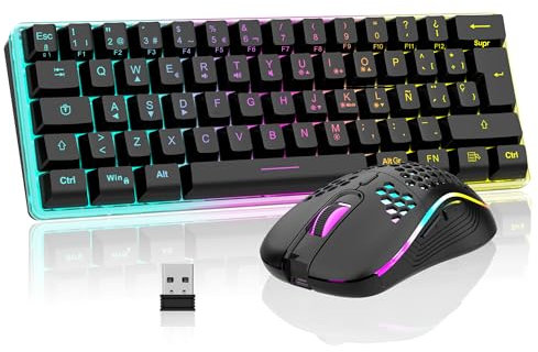 RedThunder Kabellose mechanische Gaming-Tastatur, 60 %, dynamische RGB-Hintergrundbeleuchtung, leichte Handy-Maus mit 3200 dpi, ultra-kompakte Tastatur mit 62 Anti-Ghosting-Tasten, QWERTY ES-Layout,