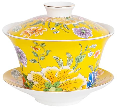 NIUKOMY Grande Gaiwan 400ML, Tasses à Thé Chinoise Kung Fu en Porcelaine, Traditionnelle Sancai Ensemble Tasses à Thé Vintage avec Couvercle et Soucoupe,Jaune